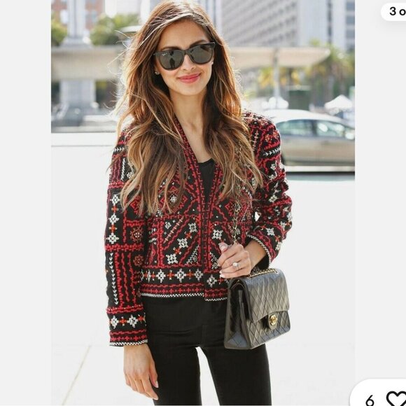 Zara Black Red Embroidered Beaded Open Front Crop Blazer Ethnic Dressy Statement - Picture 5 of 16